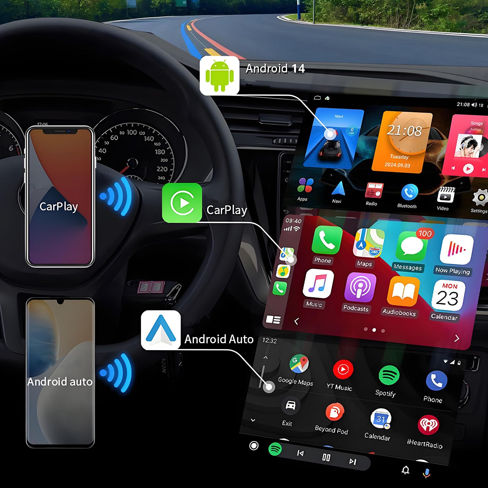 For Dodge Ram 1500 Radio Upgrade 2013-2019: Android 14 Car Stereo Replacement With Wireless Carplay Android Auto - 9 Inch Touchs